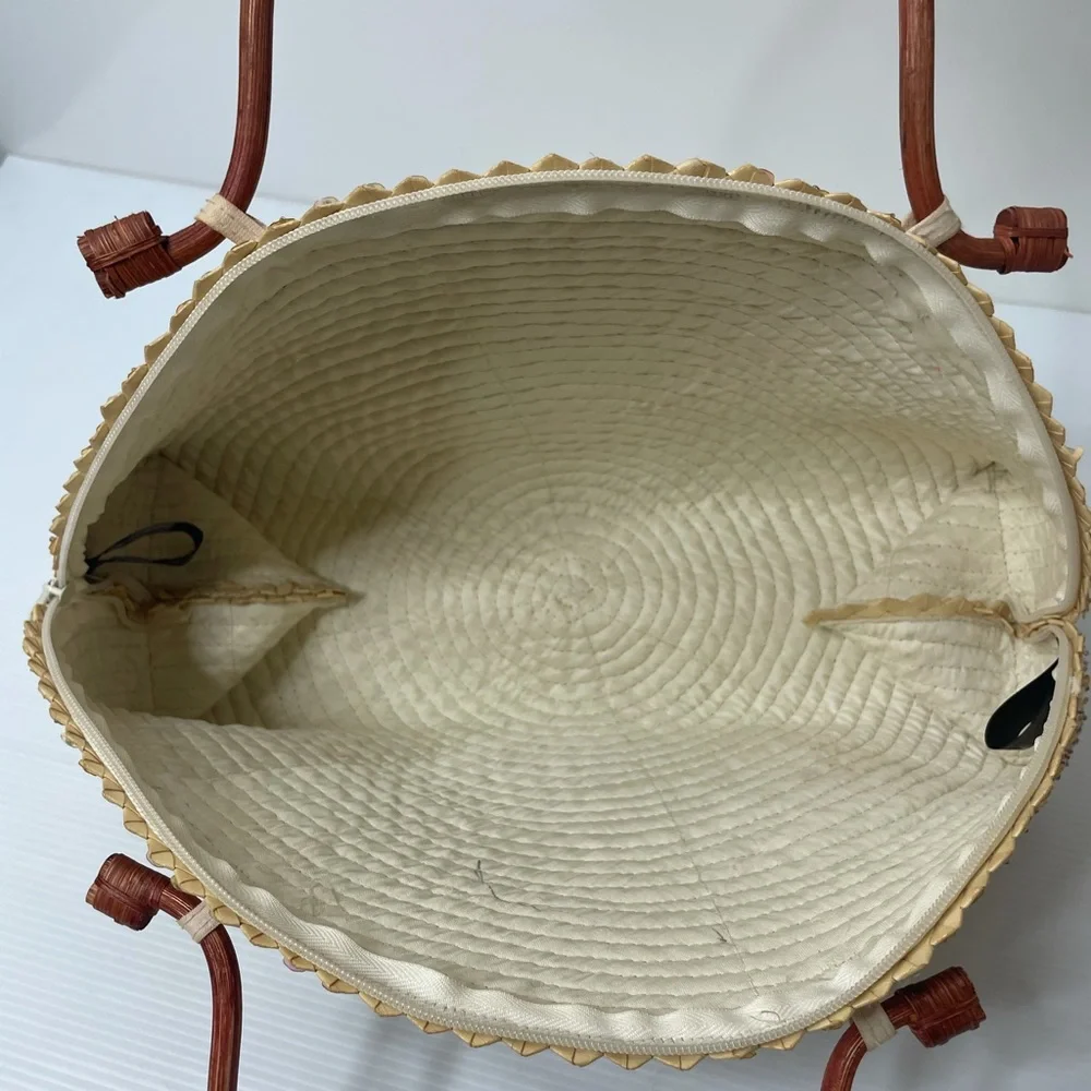 Vintage Handbag Woven Bamboo Wood Handle Sequins Handmade Bag Hand Crafted Purse